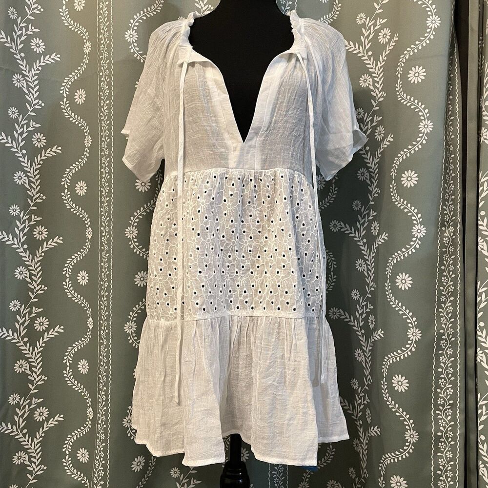 NEW CUPSHE Floral Eyelet Tie Neck Babydoll Dress White Bathing Suit Cover Small - Picture 7 of 11